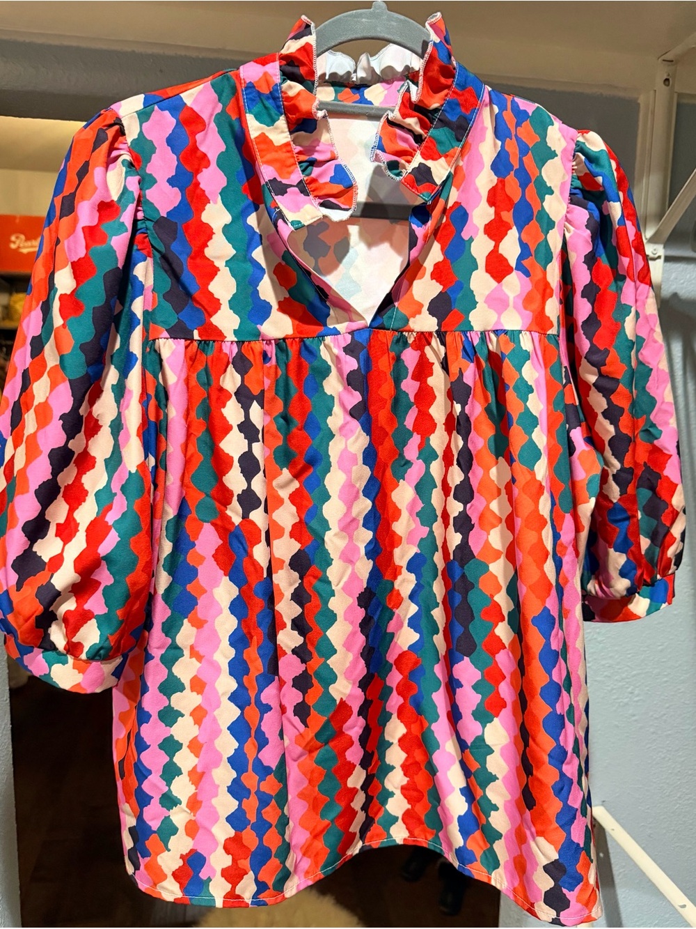 Colorful Geometric Puff-Sleeve LadiesTop - Multi